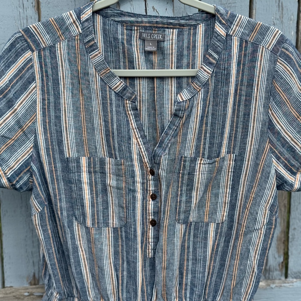 Falls Creek Women’s Dress Large Linen & Cotton Striped Drawstring Waist Pockets